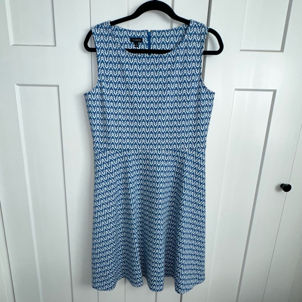 Talbots Blue and White Ikat Print - Fit and Flare Sleeveless Dress - L